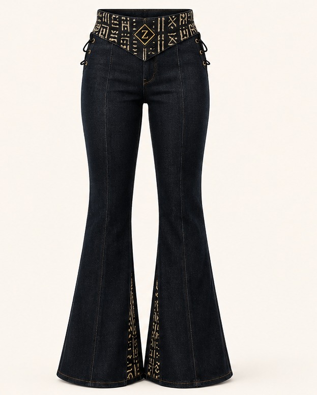 Midnight Halo Bootcut — Women · Denim seven-view specification plate; showing 01 Front, 02 Left, 03 Right, 04 Back, 05 Interior, 06 Inner tags, 07 Fabric detail.