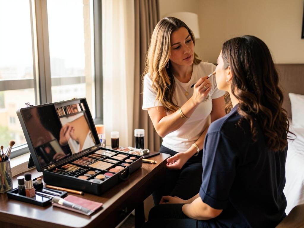 Makeup artist working on location beside an open professional kit