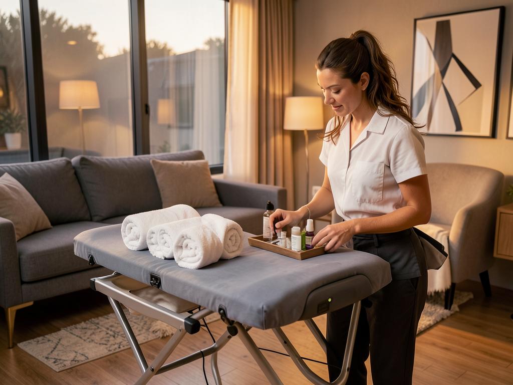 Mobile esthetician setting up a portable treatment bed in a living room