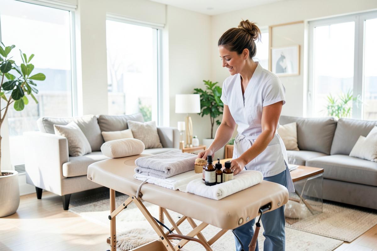 Mobile therapist setting up a portable massage table in a living room