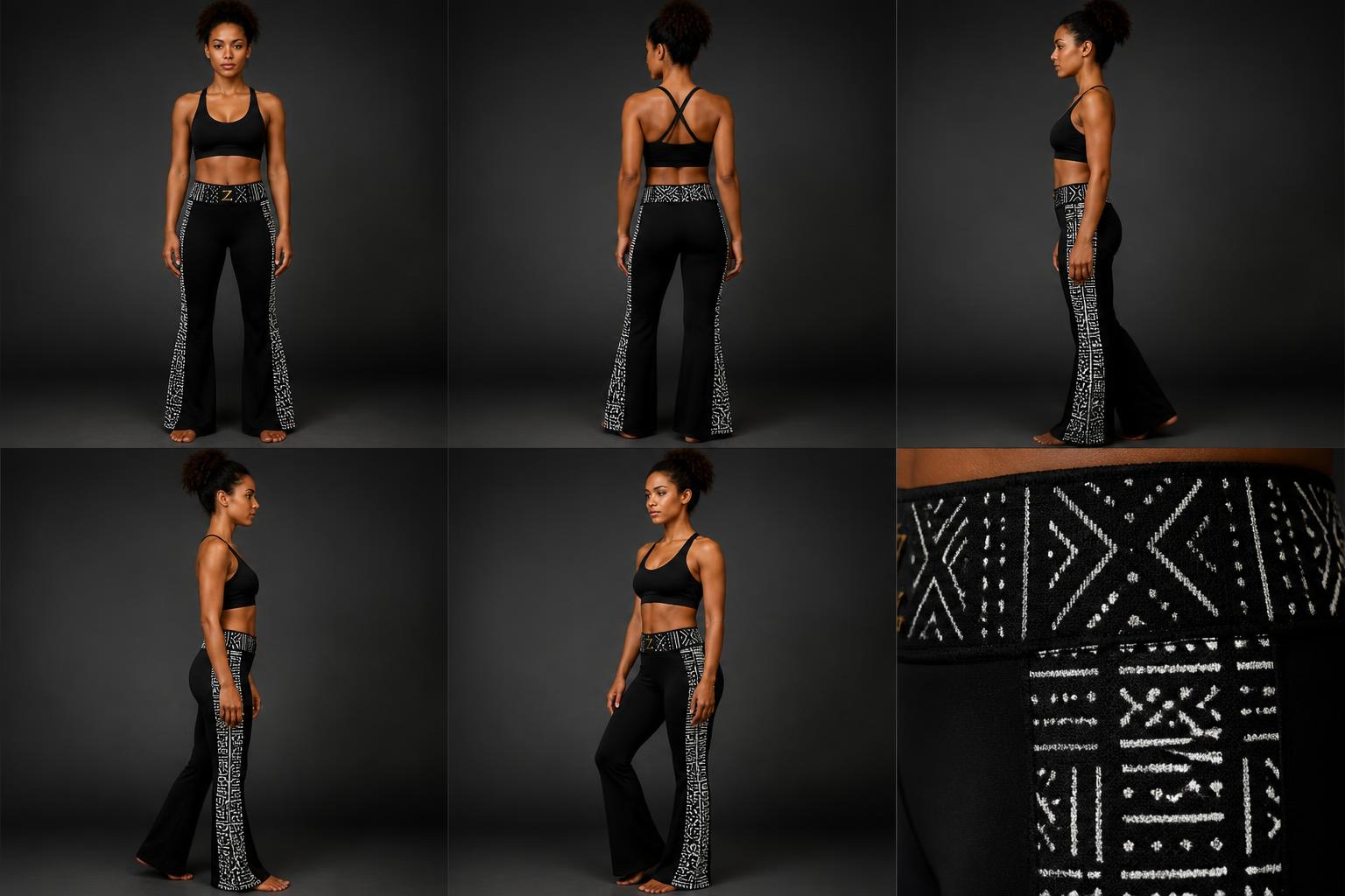 Momentum Panel Flare Legging — Women — House · Global Heritage Fusion seven-view specification plate; showing 01 Front, 02 Left, 03 Right, 04 Back, 05 Interior, 06 Inner tags, 07 Fabric detail. — 01 Front, Noir / White Bogolan