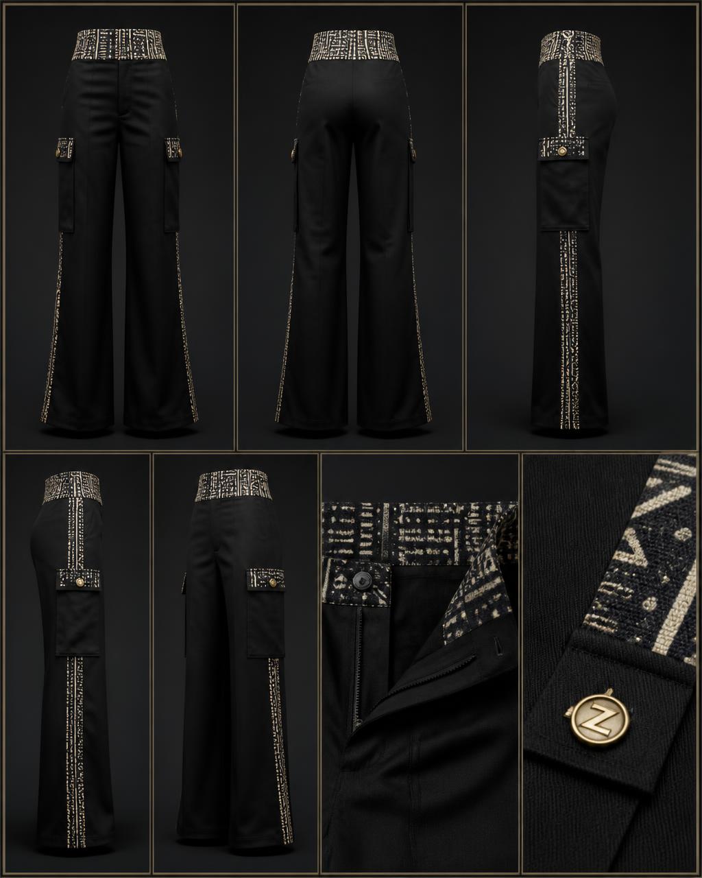 Momentum Utility Flare — Women — House · Global Heritage Fusion seven-view specification plate; showing 01 Front, 02 Left, 03 Right, 04 Back, 05 Interior, 06 Inner tags, 07 Fabric detail. — 01 Front, Noir / Indigo Bogolan