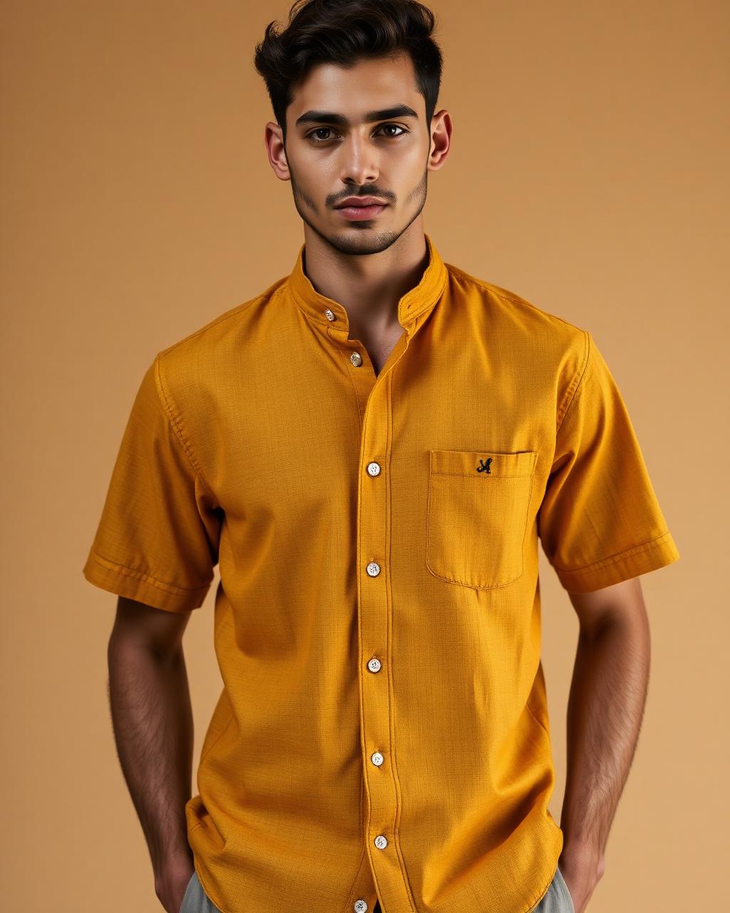 Mustard Pocket Embroidery Shirt — Men — House · Z-VIBE LINEN HERITAGE SHIRTS™ seven-view specification plate; showing 01 Front, 02 Left, 03 Right, 04 Back, 05 Interior, 06 Inner tags, 07 Fabric detail. — 01 Front, Mustard Ochre