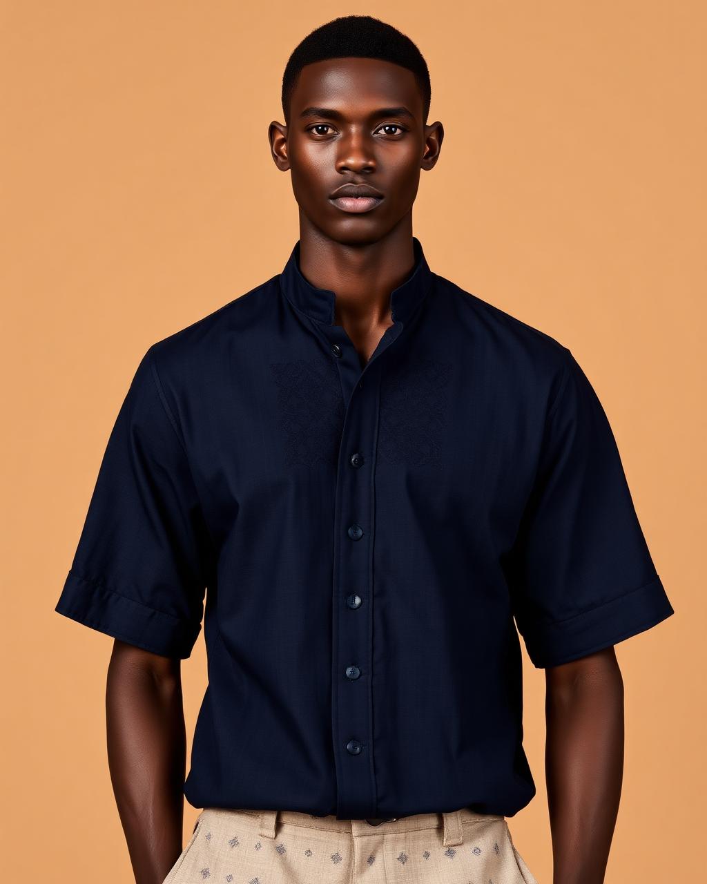 Navy Geometric Panel Shirt — Men — House · Z-VIBE LINEN HERITAGE SHIRTS™ seven-view specification plate; showing 01 Front, 02 Left, 03 Right, 04 Back, 05 Interior, 06 Inner tags, 07 Fabric detail. — 01 Front, Midnight Navy