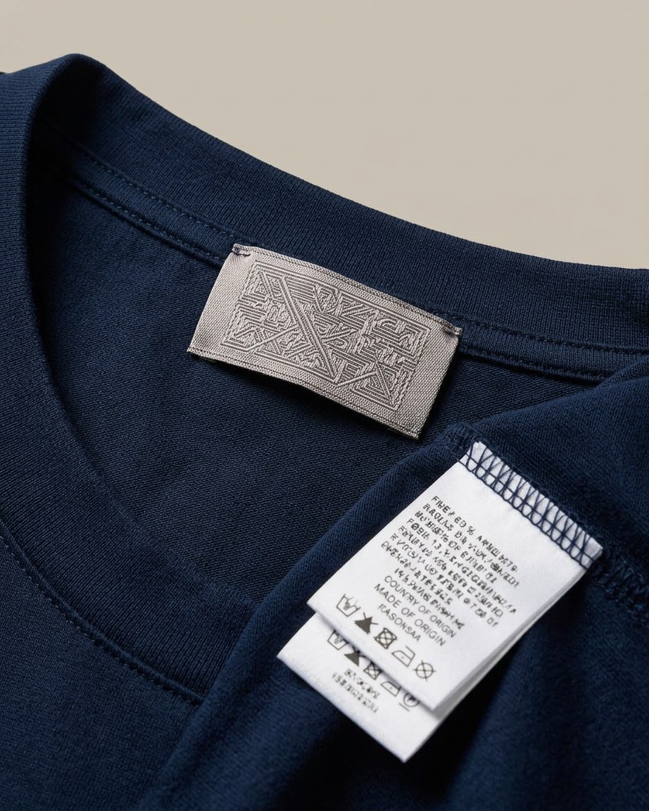 Navy Prestige Tee — Men, 06 Inner tags (view 6 of 7). Inner tags: size scale, atelier reference and care instructions.