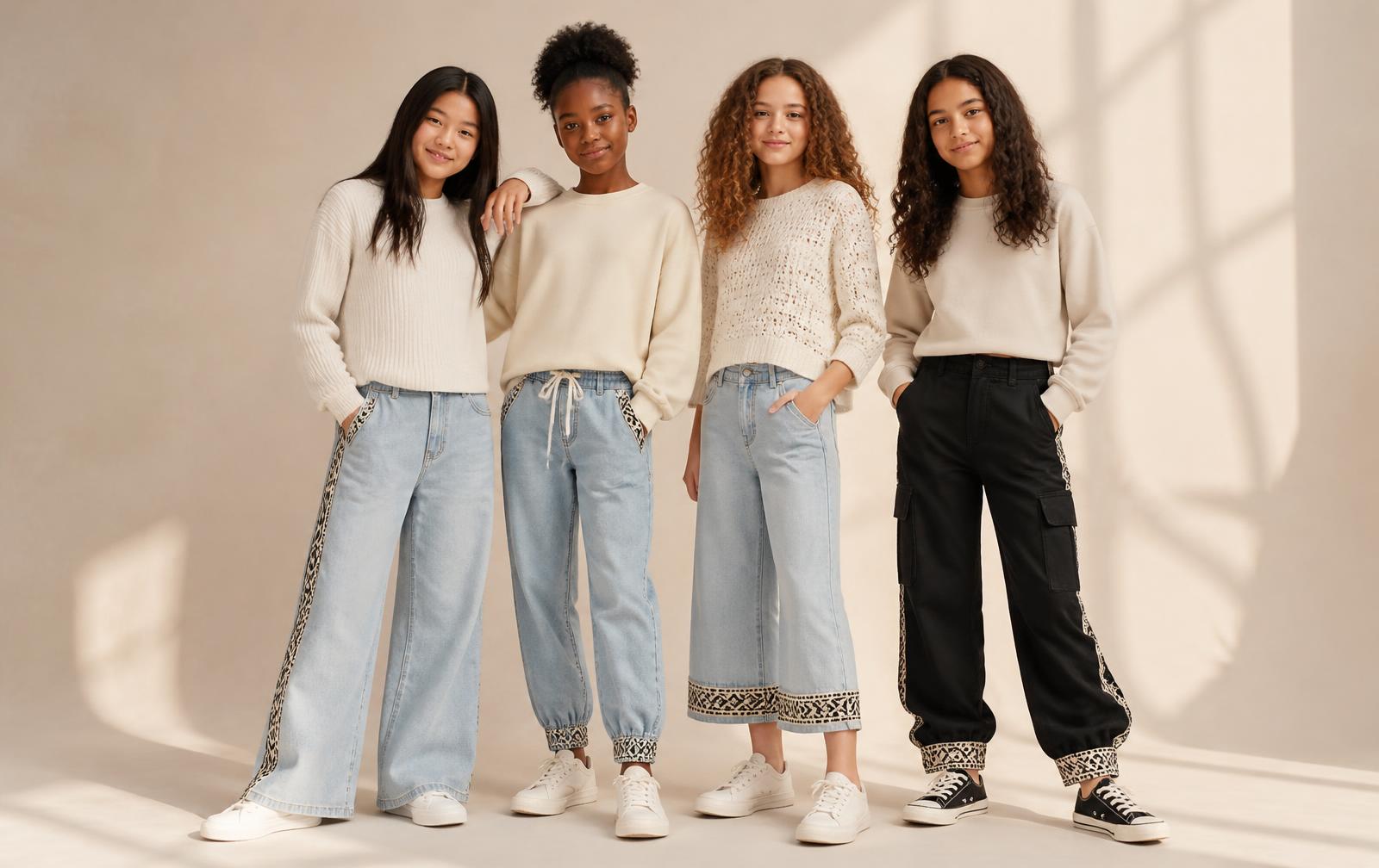 Four young models in Zipper Vibe Next Generation pants with Bogolan mudcloth side stripes and cuffs