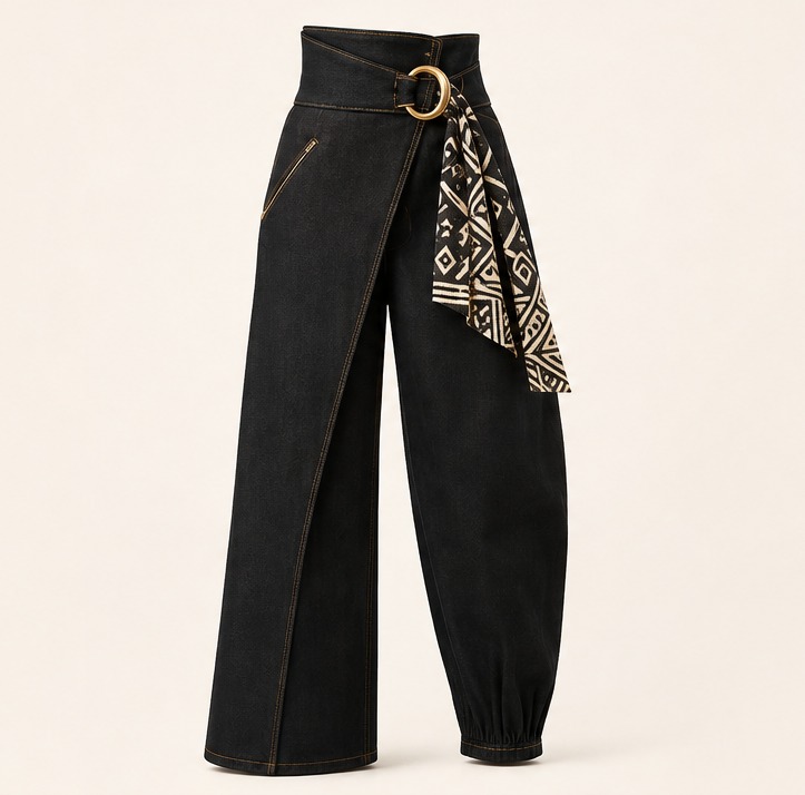 Noir Kora Asymmetry — Women · Denim & Drape seven-view specification plate; showing 01 Front, 02 Left, 03 Right, 04 Back, 05 Interior, 06 Inner tags, 07 Fabric detail.
