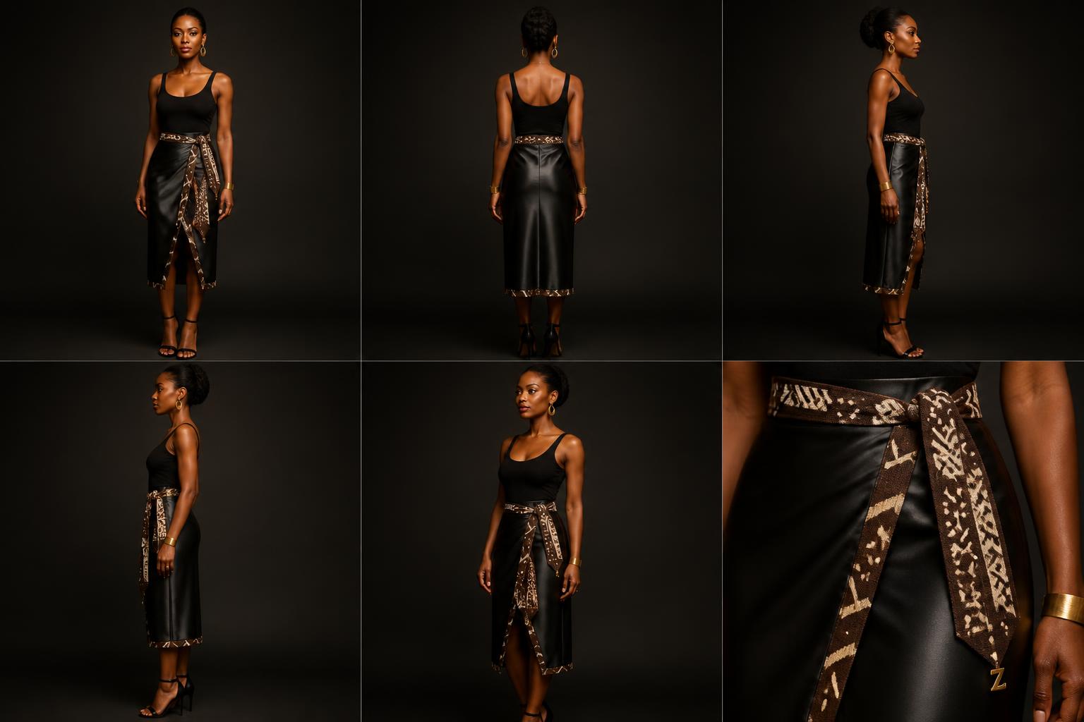Noir Sculpt Wrap Skirt — Women — House · Global Heritage Fusion seven-view specification plate; showing 01 Front, 02 Left, 03 Right, 04 Back, 05 Interior, 06 Inner tags, 07 Fabric detail. — 01 Front, Noir Black