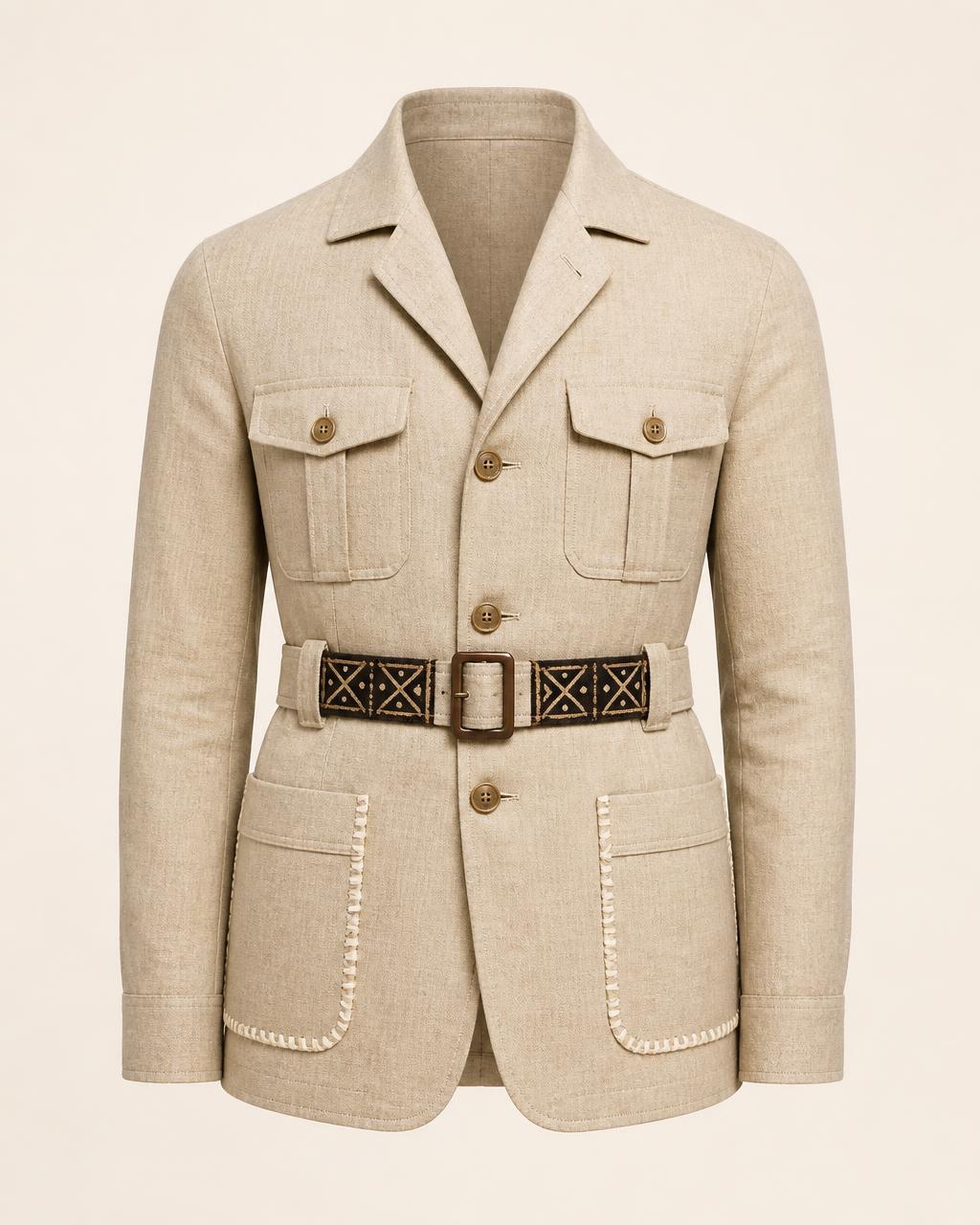 Oat Belted Safari Jacket — Men — House · Z-VIBE LINEN EMBROIDERY MAISON™ seven-view specification plate; showing 01 Front, 02 Left, 03 Right, 04 Back, 05 Interior, 06 Inner tags, 07 Fabric detail. — 01 Front, Oat