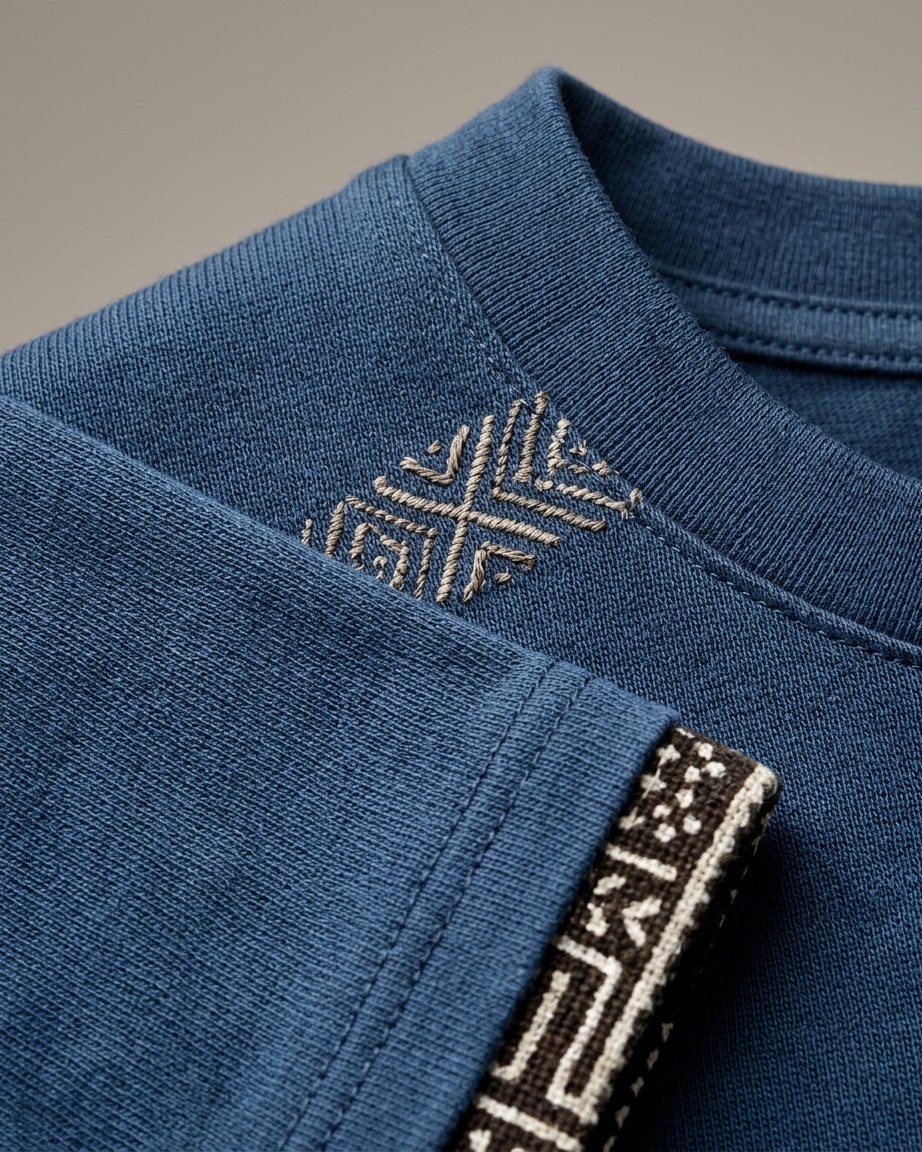 Ocean Vibe Tee — Men, 07 Fabric detail (view 7 of 7). Fabric detail: close study of the cloth, hand-printed mudcloth motif and stitching.