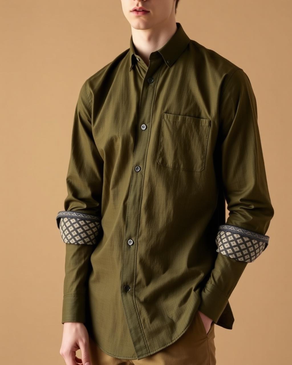 Olive Cuff Detail Shirt — Men — House · Z-VIBE LINEN HERITAGE SHIRTS™ seven-view specification plate; showing 01 Front, 02 Left, 03 Right, 04 Back, 05 Interior, 06 Inner tags, 07 Fabric detail. — 01 Front, Deep Olive