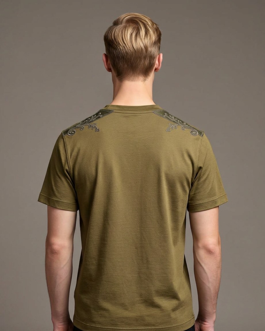 Olive Pride Tee — Men, 04 Back (view 4 of 7). Back view: yoke, centre seam and the hem finish.