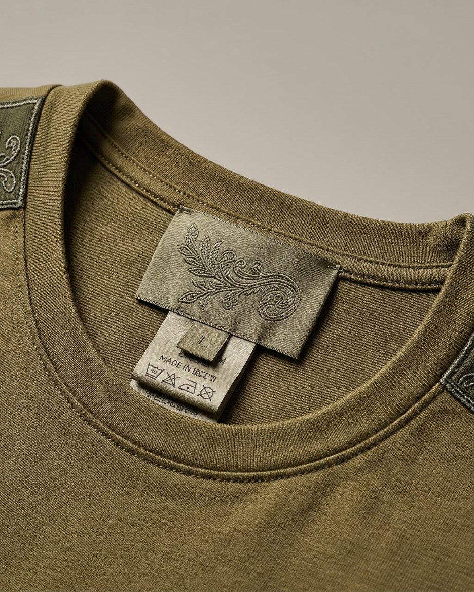 Olive Pride Tee — Men, 06 Inner tags (view 6 of 7). Inner tags: size scale, atelier reference and care instructions.