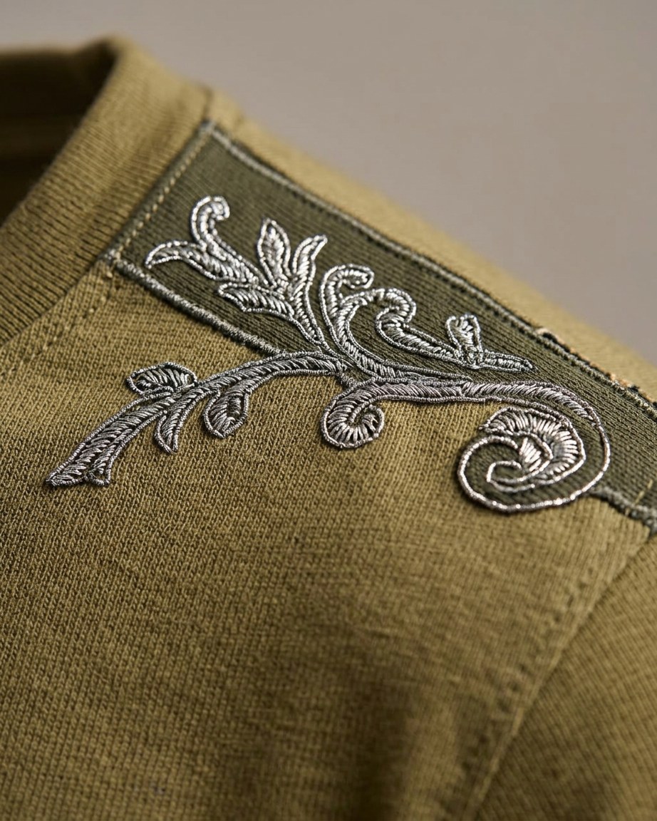 Olive Pride Tee — Men, 07 Fabric detail (view 7 of 7). Fabric detail: close study of the cloth, hand-printed mudcloth motif and stitching.
