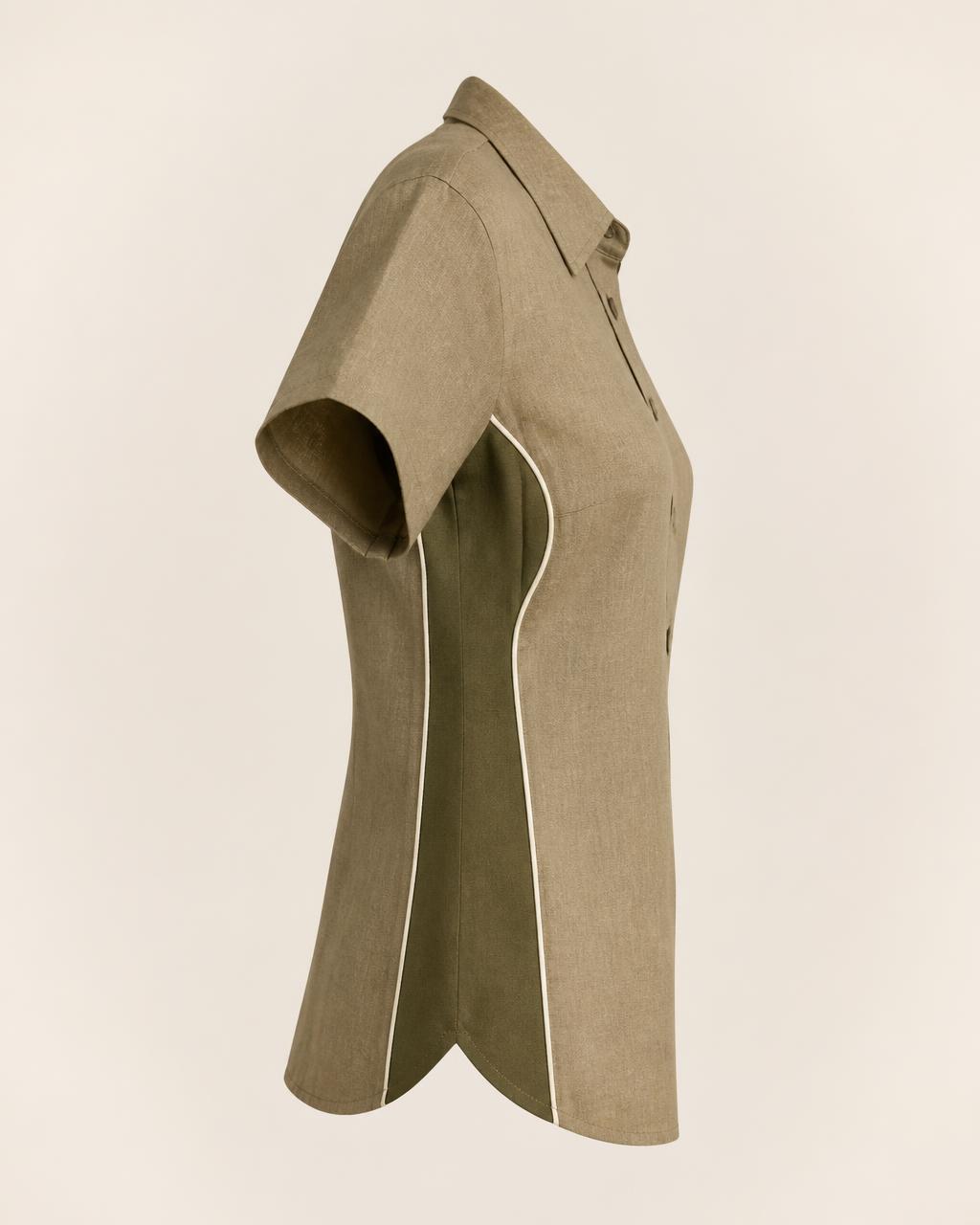 Panel Block Linen Shirt — Women, 02 Left (view 2 of 7). Left profile: shoulder line, sleeve fall and the outer seam trim.