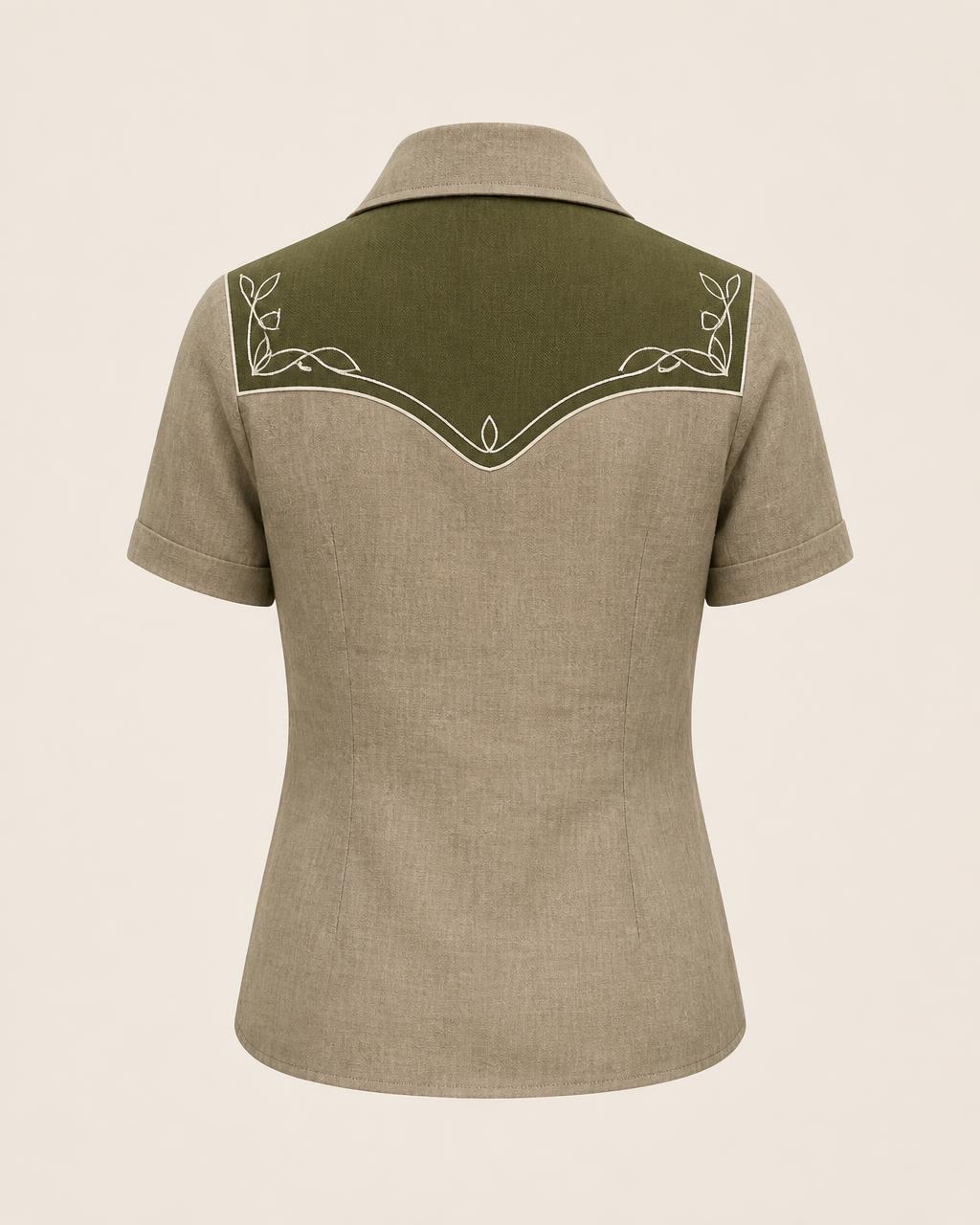 Panel Block Linen Shirt — Women, 04 Back (view 4 of 7). Back view: yoke, centre seam and the hem finish.