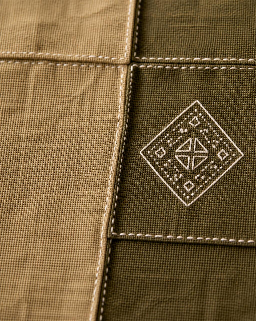 Panel Block Linen Shirt — Women, 07 Fabric detail (view 7 of 7). Fabric detail: close study of the cloth, hand-printed mudcloth motif and stitching.