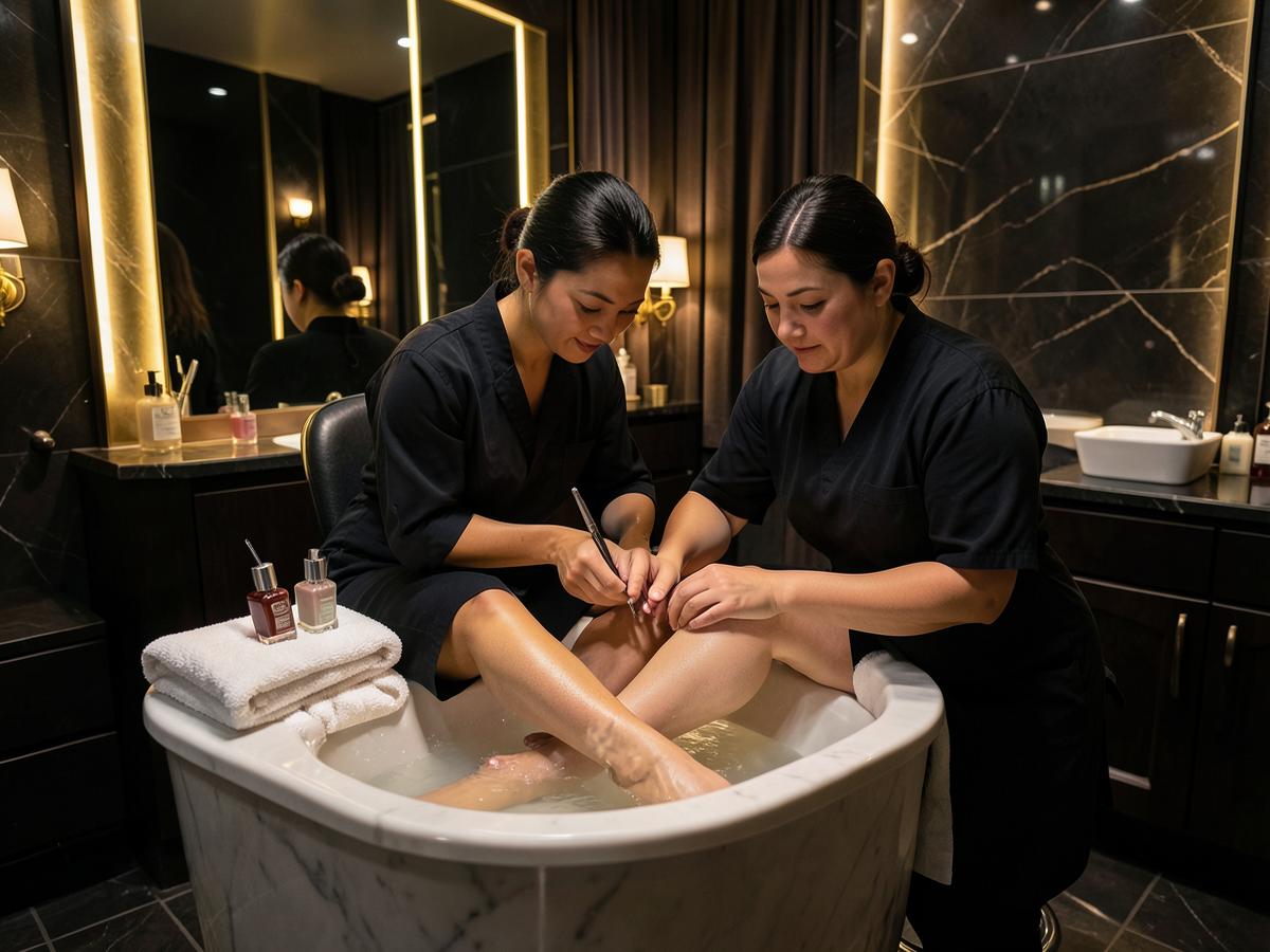 Pedicure in progress at a warm footbath in a dark gold-lit salon