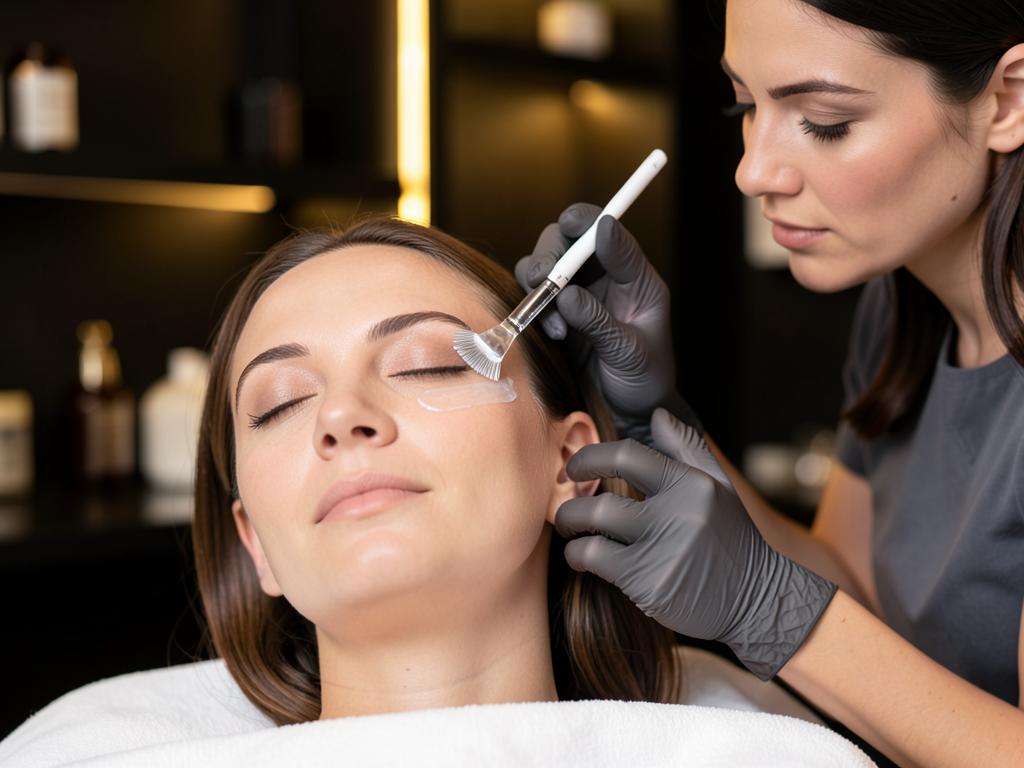 Esthetician applying a resurfacing peel with a fan brush