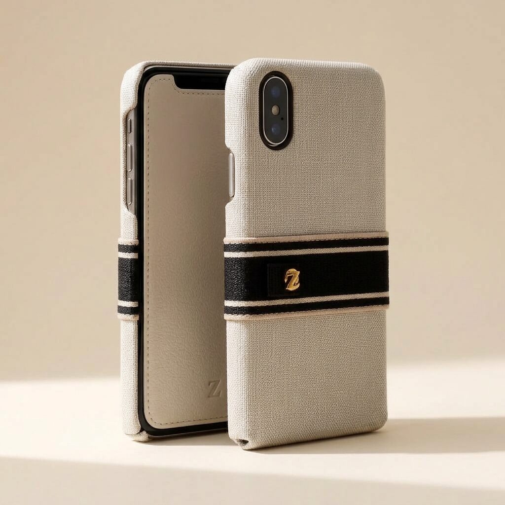 Ivory Linen Phone Case — Men, 02 Left (view 2 of 7). Left side: gusset depth, strap anchor and the edge finish.