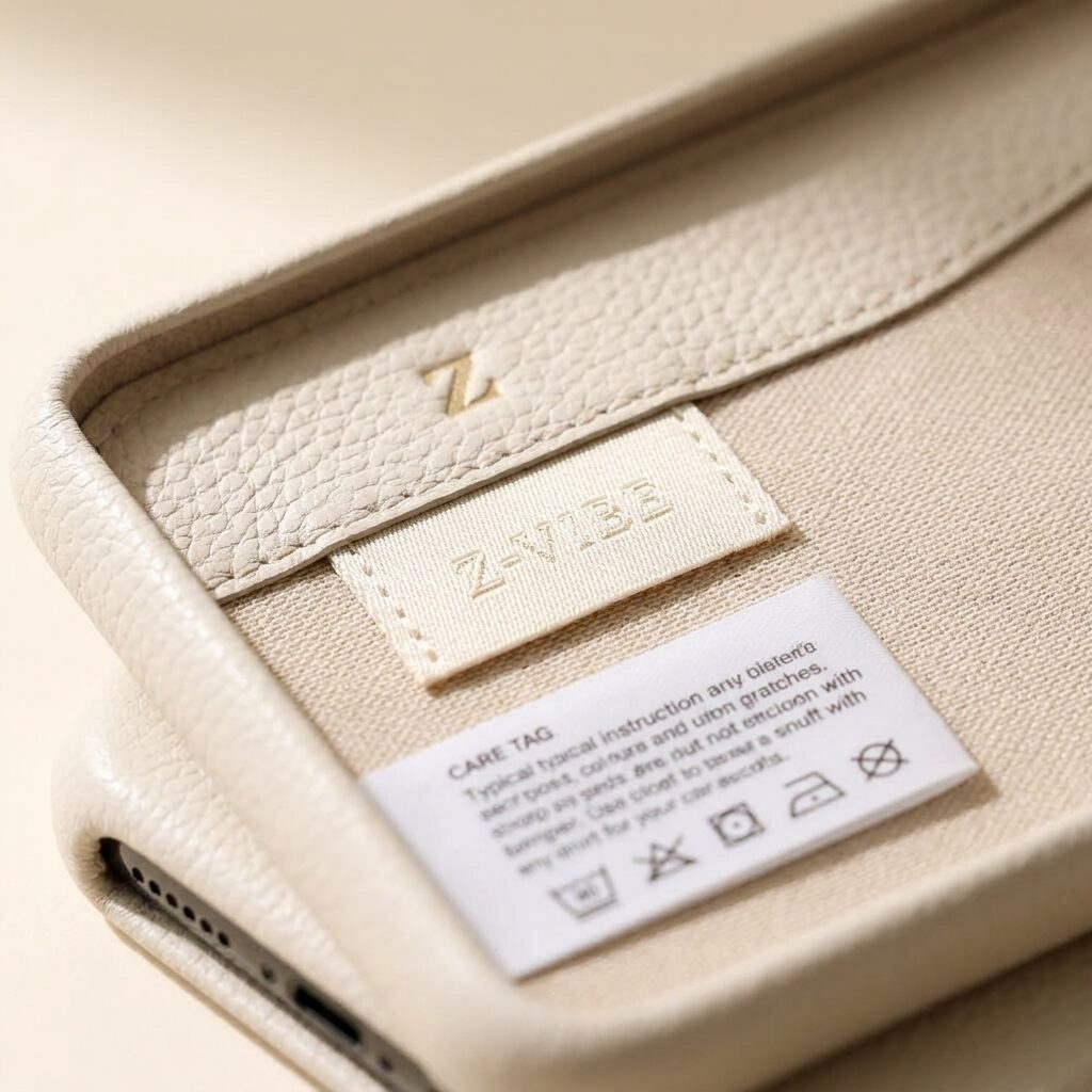 Ivory Linen Phone Case — Men, 06 Inner tags (view 6 of 7). Hardware and label: closure mechanism, atelier reference and care instructions.