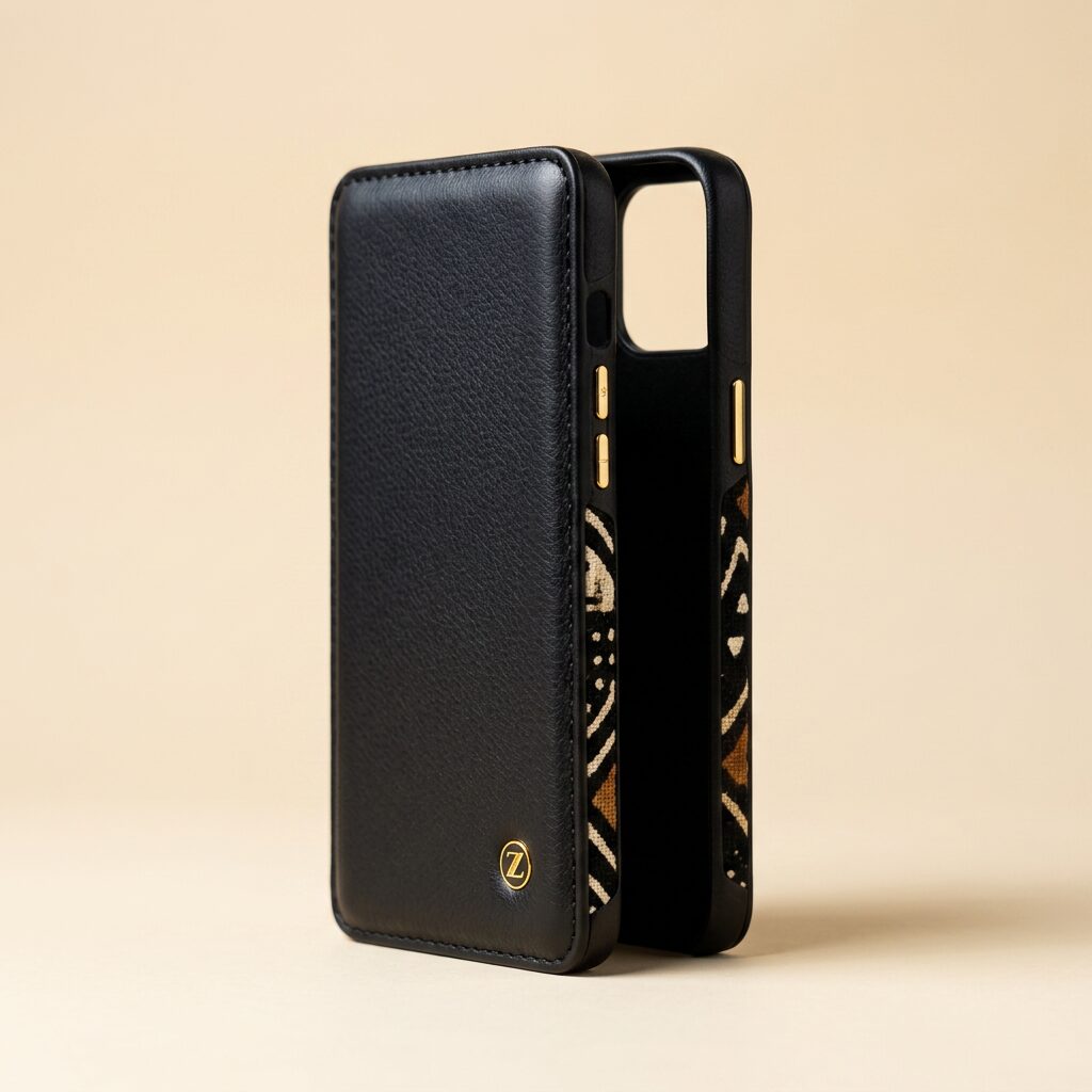 Onyx Leather Phone Case — Men, 02 Left (view 2 of 7). Left side: gusset depth, strap anchor and the edge finish.