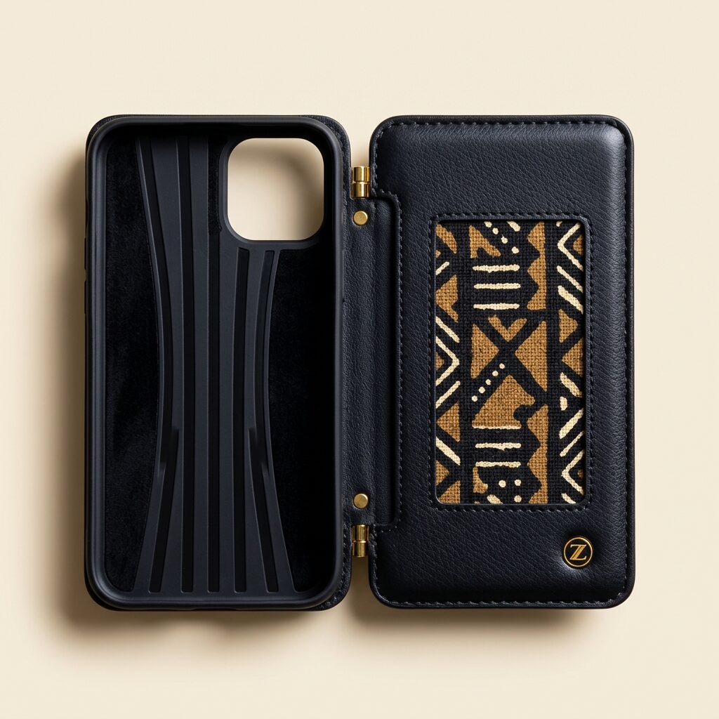 Onyx Leather Phone Case — Men, 05 Interior (view 5 of 7). Interior: lining, compartments and the internal pocket.