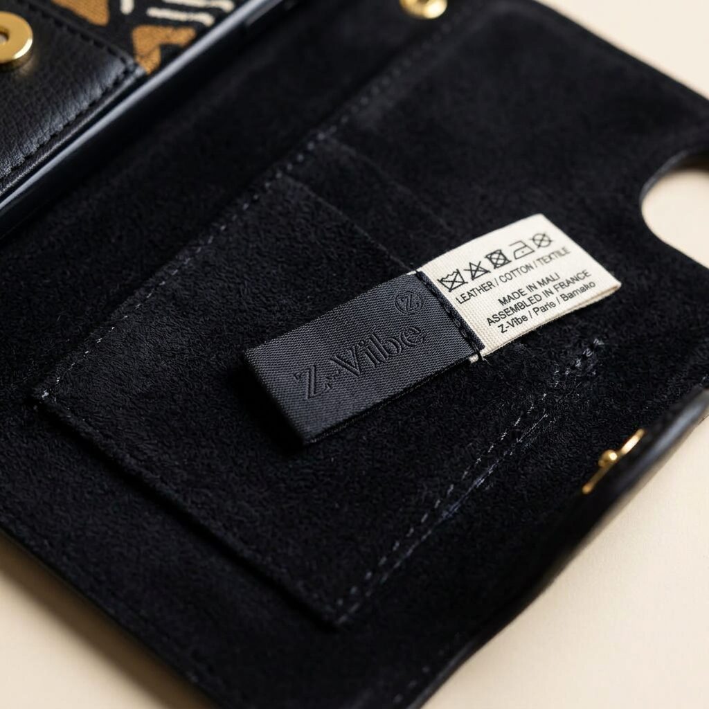 Onyx Leather Phone Case — Men, 06 Inner tags (view 6 of 7). Hardware and label: closure mechanism, atelier reference and care instructions.