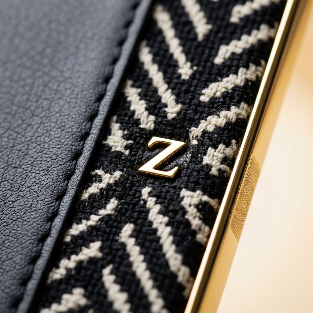 Onyx Leather Phone Case — Men, 07 Fabric detail (view 7 of 7). Material detail: close study of the leather or cloth and the hand-printed motif.