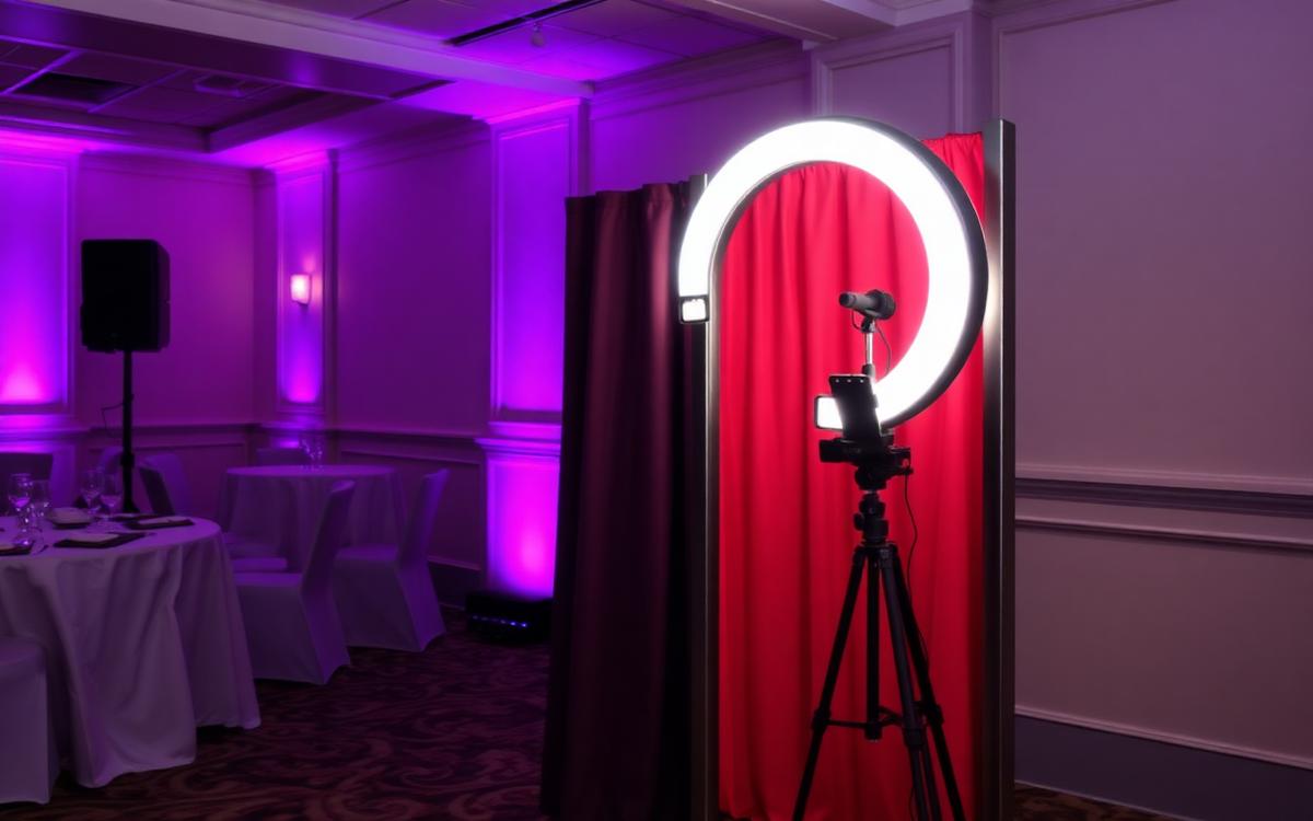 Photo booth enclosure with ring light and backdrop at a party