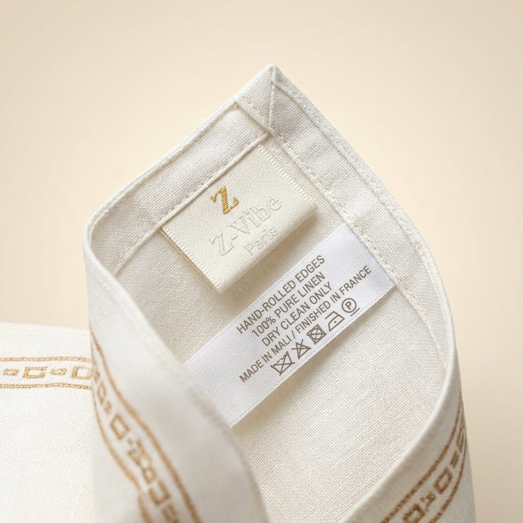 Atelier Pocket Square — Men, 06 Inner tags (view 6 of 7). Hardware and label: closure mechanism, atelier reference and care instructions.