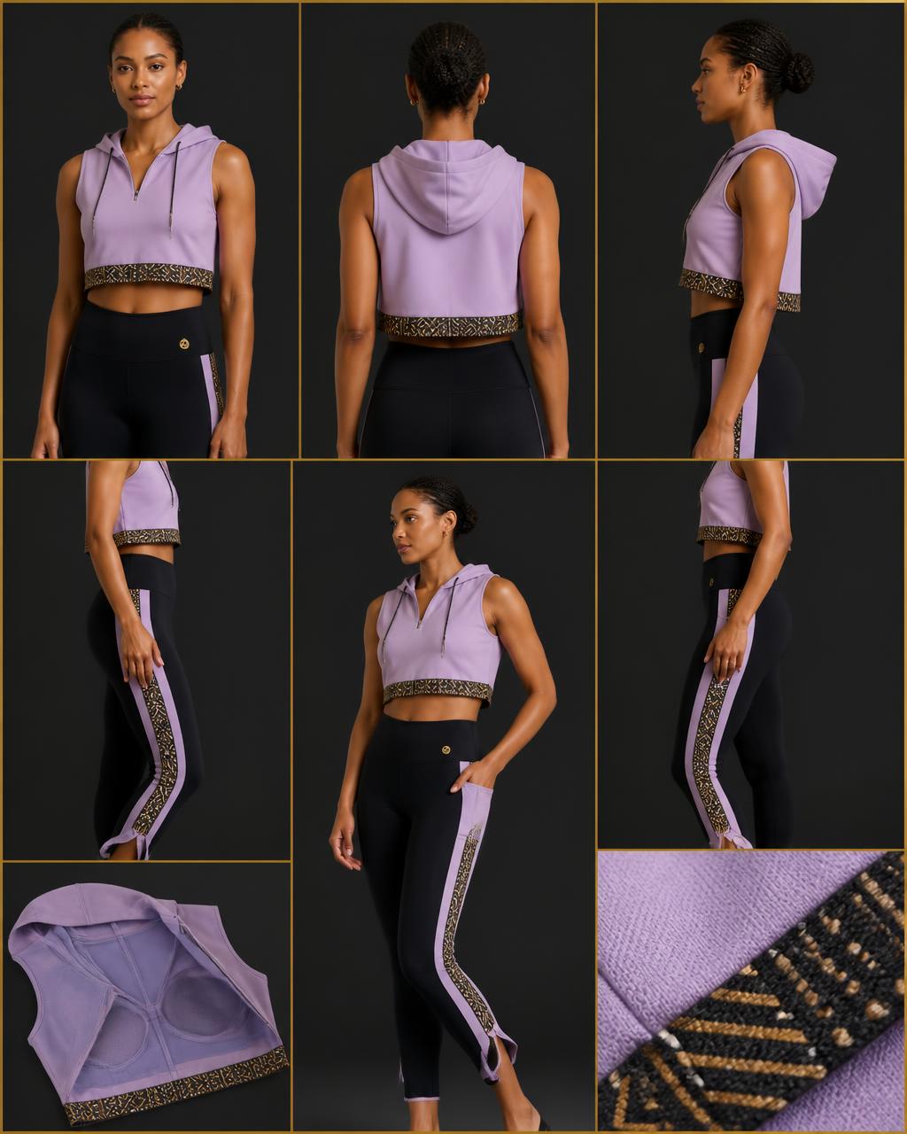 Power Motion Set — Women — House · Global Heritage Fusion seven-view specification plate; showing 01 Front, 02 Left, 03 Right, 04 Back, 05 Interior, 06 Inner tags, 07 Fabric detail. — 01 Front, Lilac / Noir