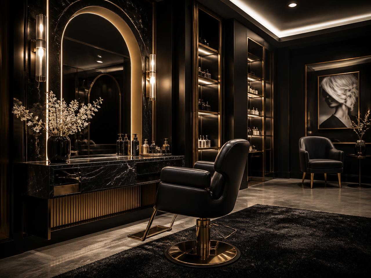 Luxury salon styling station with a black leather chair and gold-lit mirror