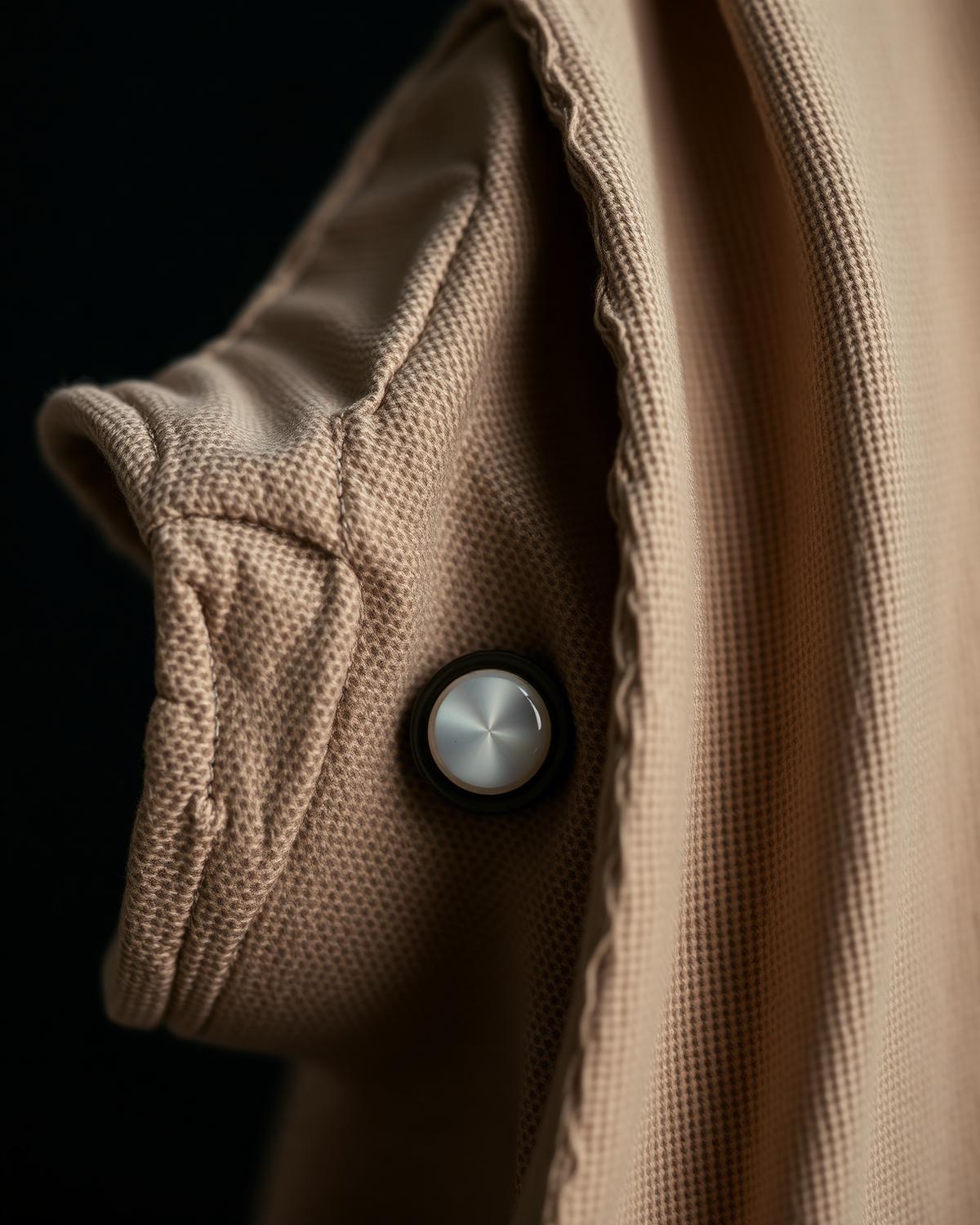 Quiet Crown Shirt — Men, 07 Fabric detail (view 7 of 7). Fabric detail: close study of the cloth, hand-printed mudcloth motif and stitching.