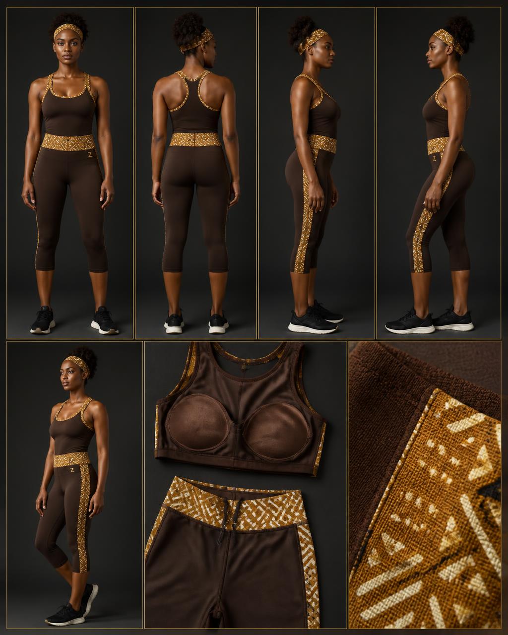 Radiant Motion Active Set — Women — House · Global Heritage Fusion seven-view specification plate; showing 01 Front, 02 Left, 03 Right, 04 Back, 05 Interior, 06 Inner tags, 07 Fabric detail. — 01 Front, Chocolate / Ochre