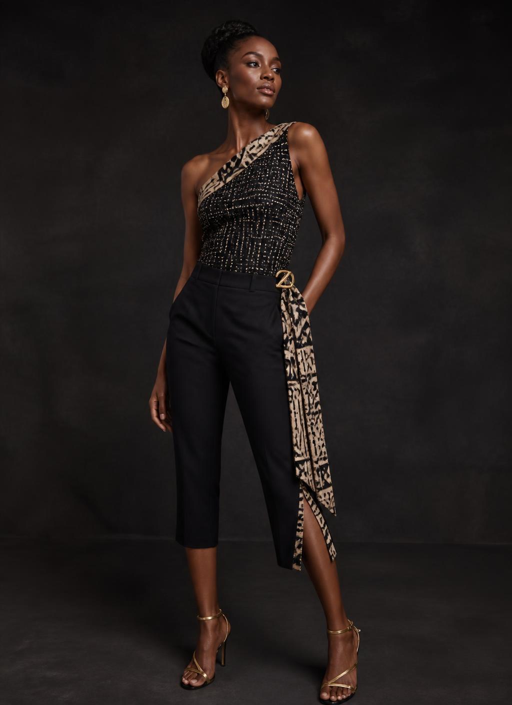 Radiant Rhythm Capri Set — Women — House · Global Heritage Fusion seven-view specification plate; showing 01 Front, 02 Left, 03 Right, 04 Back, 05 Interior, 06 Inner tags, 07 Fabric detail. — 01 Front, Jet Black