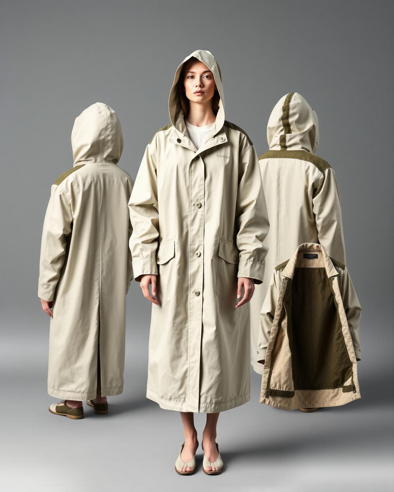 Rain Ascend Cream Parka — Women — House · Global Heritage Fusion seven-view specification plate; showing 01 Front, 02 Left, 03 Right, 04 Back, 05 Interior, 06 Inner tags, 07 Fabric detail. — 01 Front, Ivory / Bogolan