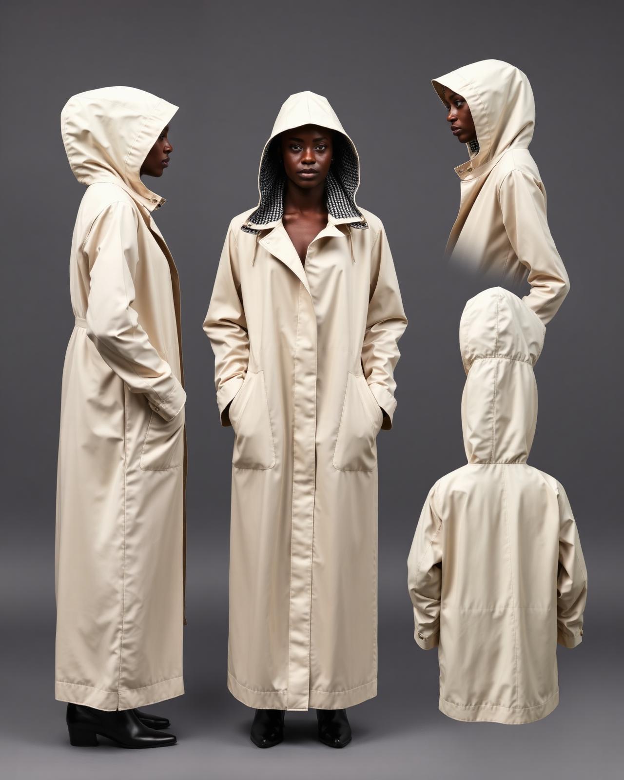 Rain Ascend Ivory Raincoat — Women — House · Global Heritage Fusion seven-view specification plate; showing 01 Front, 02 Left, 03 Right, 04 Back, 05 Interior, 06 Inner tags, 07 Fabric detail. — 01 Front, Ivory / Bogolan