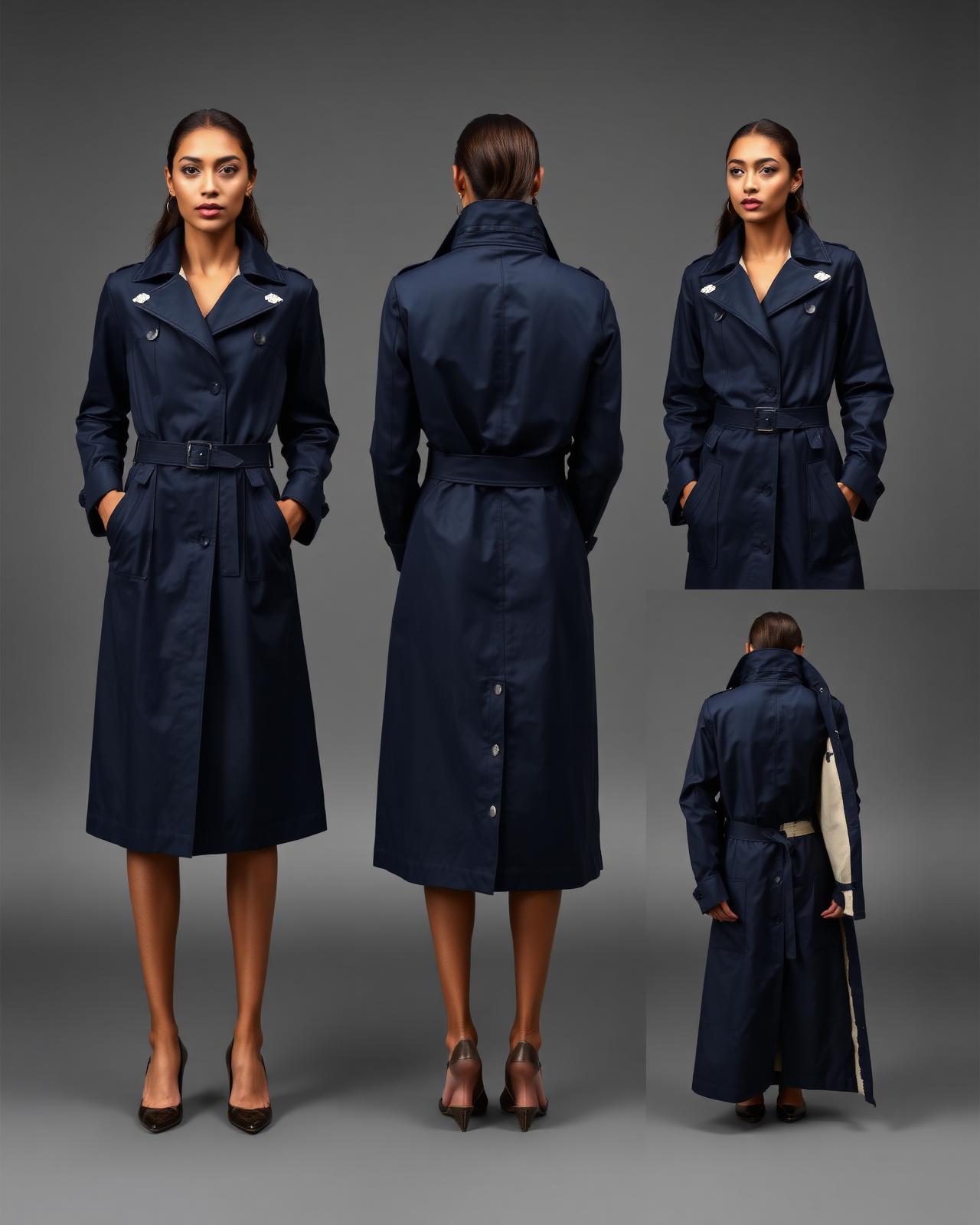 Rain Ascend Navy Trench — Women — House · Global Heritage Fusion seven-view specification plate; showing 01 Front, 02 Left, 03 Right, 04 Back, 05 Interior, 06 Inner tags, 07 Fabric detail. — 01 Front, Ivory / Bogolan