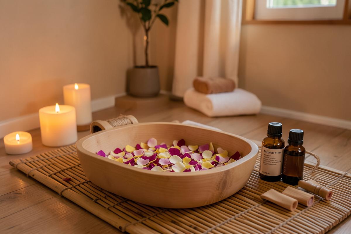 Petal foot bath, essential oils and a bamboo mat set for reflexology
