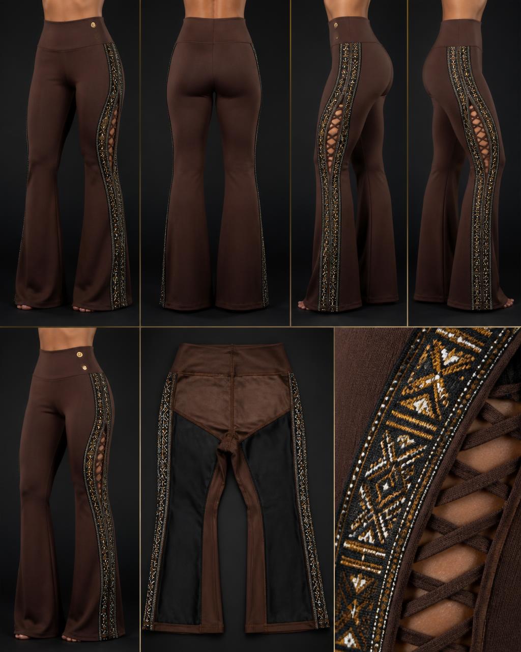 Royal Flow Flare Legging — Women — House · Global Heritage Fusion seven-view specification plate; showing 01 Front, 02 Left, 03 Right, 04 Back, 05 Interior, 06 Inner tags, 07 Fabric detail. — 01 Front, Chocolate / Gold Bogolan
