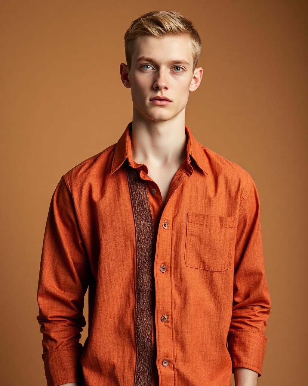 Rust Vertical Strip Shirt — Men — House · Z-VIBE LINEN HERITAGE SHIRTS™ seven-view specification plate; showing 01 Front, 02 Left, 03 Right, 04 Back, 05 Interior, 06 Inner tags, 07 Fabric detail. — 01 Front, Rust Clay