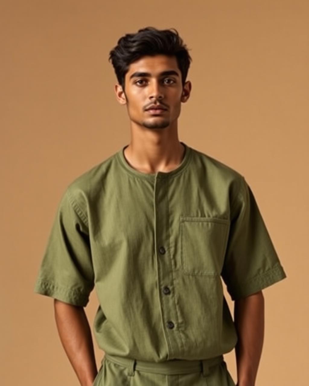 Sage Collarless Shirt — Men — House · Z-VIBE LINEN HERITAGE SHIRTS™ seven-view specification plate; showing 01 Front, 02 Left, 03 Right, 04 Back, 05 Interior, 06 Inner tags, 07 Fabric detail. — 01 Front, Sage Green