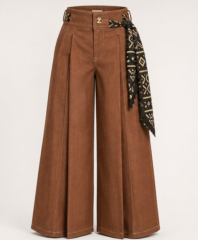 Sahara Pleat Palazzo — Women · Denim & Drape seven-view specification plate; showing 01 Front, 02 Left, 03 Right, 04 Back, 05 Interior, 06 Inner tags, 07 Fabric detail.