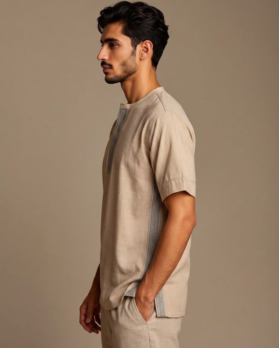 Sahara Taupe Tee — Men, 02 Left (view 2 of 7). Left profile: shoulder line, sleeve fall and the outer seam trim.