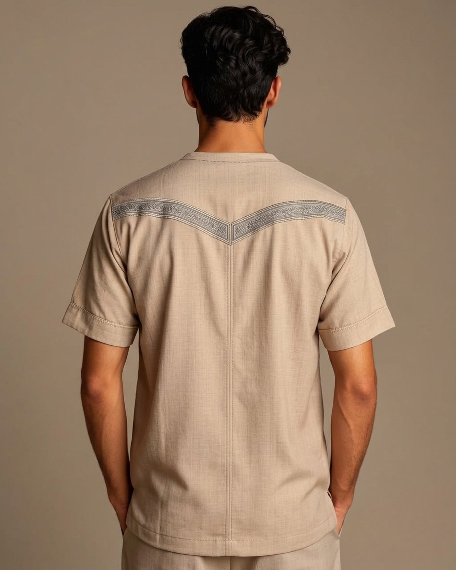 Sahara Taupe Tee — Men, 04 Back (view 4 of 7). Back view: yoke, centre seam and the hem finish.