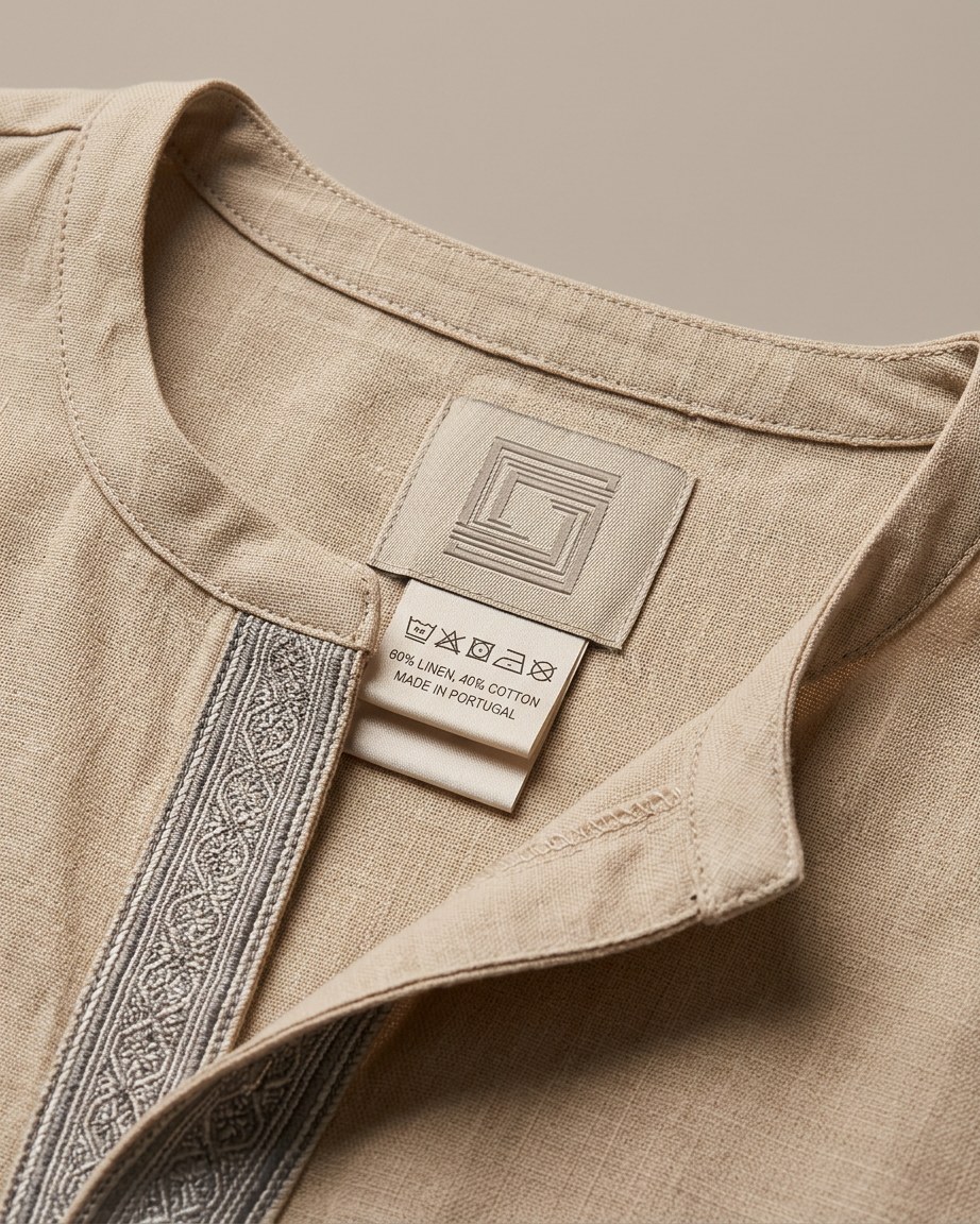 Sahara Taupe Tee — Men, 06 Inner tags (view 6 of 7). Inner tags: size scale, atelier reference and care instructions.