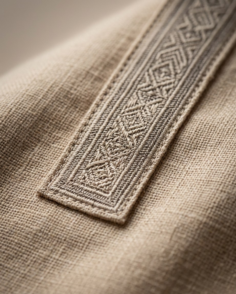 Sahara Taupe Tee — Men, 07 Fabric detail (view 7 of 7). Fabric detail: close study of the cloth, hand-printed mudcloth motif and stitching.