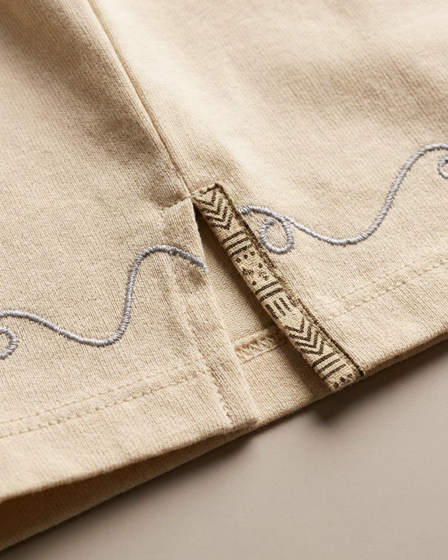Sand Dune Tee — Men, 07 Fabric detail (view 7 of 7). Fabric detail: close study of the cloth, hand-printed mudcloth motif and stitching.