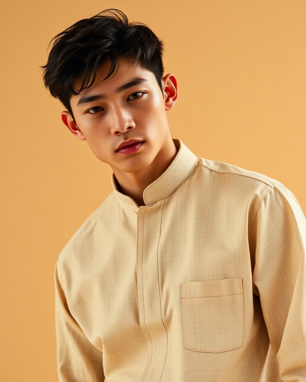 Sand Stand Collar Shirt — Men — House · Z-VIBE LINEN HERITAGE SHIRTS™ seven-view specification plate; showing 01 Front, 02 Left, 03 Right, 04 Back, 05 Interior, 06 Inner tags, 07 Fabric detail. — 01 Front, Desert Sand